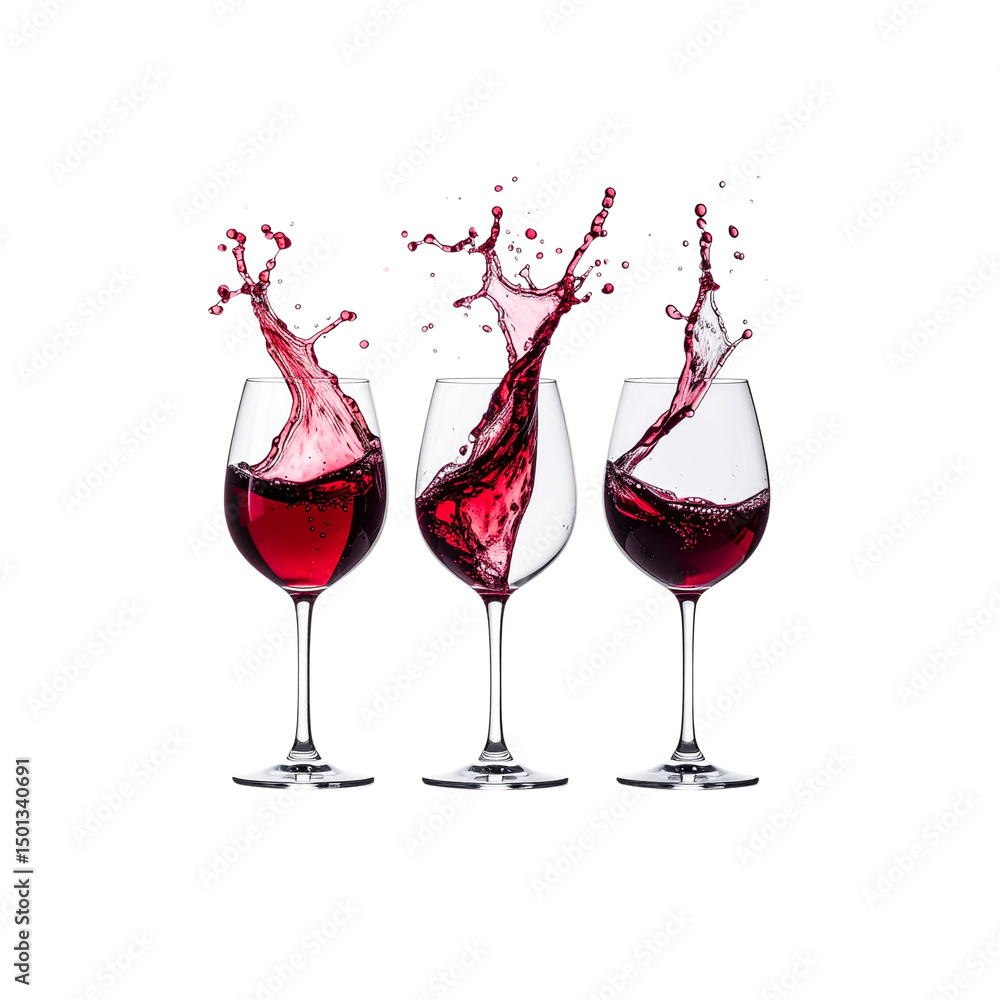 Poster three glasses red wine splashing dynamic image cool on transparent background
