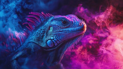 Fototapeta premium Vibrant, illuminated iguana in colorful smoke.