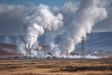 Geothermal Facility in Rocky Geothermal Zone with Steam Cloud Against Blue Sky, Renewable Energy Production in Volcanic Field, Distant Power Lines, Barren Land Landscape