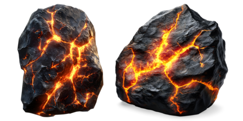 Two volcanic rocks with glowing lava cracks isolated on transparent background ready for compositing