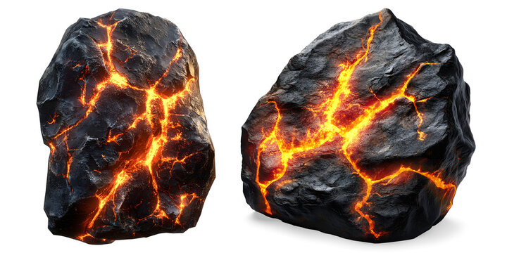 Two volcanic rocks with glowing lava cracks isolated on transparent background ready for compositing