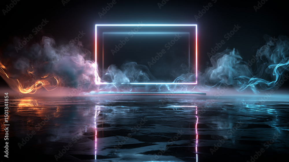 Aufkleber futuristic banner with neon light frame on water surface and smoke clouds with sparkles. glowing rec