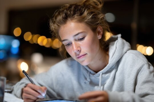 A young woman with an introspective expression studies her digital tablet in a cozy, ambient environment, blending creativity and contemplation in a serene atmosphere with Christmas lights.
