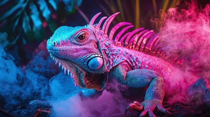 Fototapeta premium Vibrant, colorful iguana in dramatic neon light.