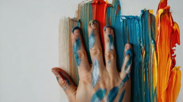 Hand painting abstract art with vibrant colors on canvas