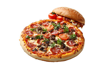 Pizza and Hamburger isolated on a transparent background.