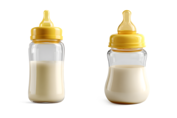 Two baby bottles filled with milk for infant feeding isolated on transparent background