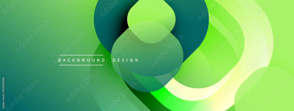 Poster Abstract green gradients overlap, creating dynamic fluid shapes. Modern design evokes freshness, energy, movement. Minimalist aesthetic.
