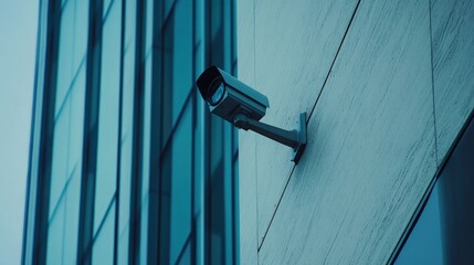 Wall-mounted CCTV on a modern office building, minimal architecture, clear weather