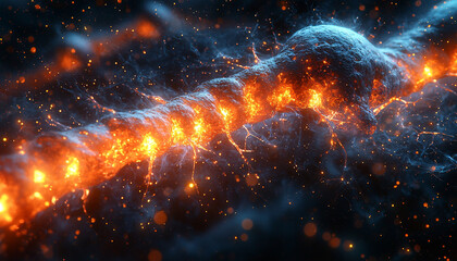 Naklejka premium Extreme Macro of Neuron Synapses Firing Electric Impulses – Glowing Neural Network Structure in 32K Hyperrealistic Science Art