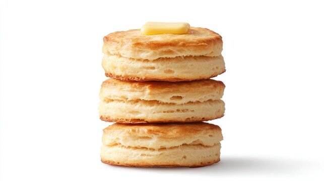 Buttermilk biscuits stacked with a pat of butter, isolated on a white background