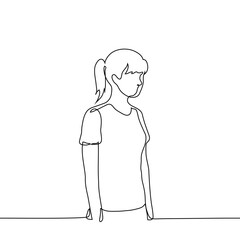 woman in t-shirt standing half portrait, three quarters angle - one line art vector. concept young woman standing
