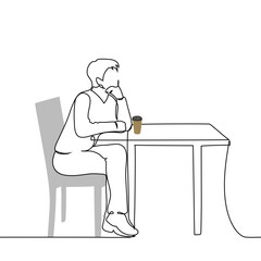 man sitting at table with takeaway coffee on table propping head with hand - one line art vector. concept man waiting on date, takeaway date, enjoying coffee