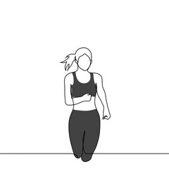 woman in sports bra and leggings running, front view, faceless portrait knee length - one line art vector. concept of female athlete jogging, cardio workout, running marathon