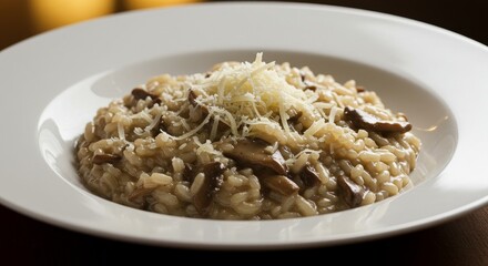 Photo of Creamy Mushroom Risotto on a White Plate with Grated Cheese