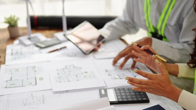 Engineers working as a team using blueprints for architectural plans. Engineers drafting construction project ideas using architect's equipment. Architects talking at a table. Teamwork and constructio