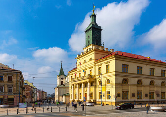 Fototapeta premium Lublin cityscape overlooking Classical architectural style building of New Town Hall in sunny spring day, Poland