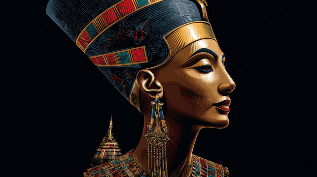Statue of Nefertiti, queen woman pharaoh of ancient Egypt, cartoon vector illustration
