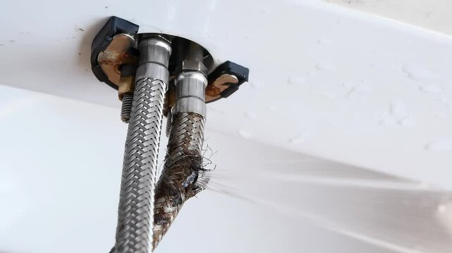 Faucet connection hoses, one of which has burst and water is leaking out under pressure until a plumber stops the water