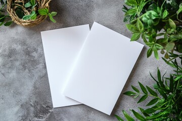 Blank, white papers, surrounded by greenery, on a textured gray surface.  Two sheets of pristine white paper rest on a mottled gray stone surface