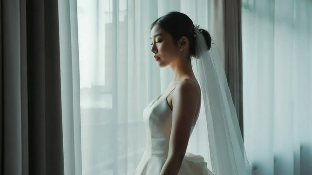 Young Asian woman in a white wedding dress stands by a window. She has long black hair and a serene expression. Soft natural light filters through sheer curtains.