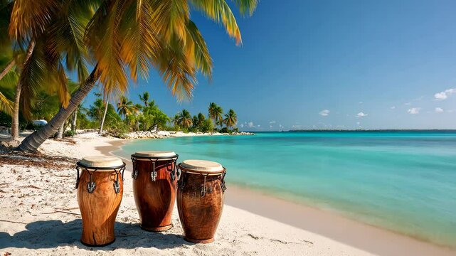 Island Serenade Three conga drums on a white sand beach, turquoise water, palm trees, clear blue sky