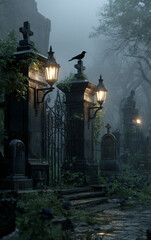 Fototapeta premium dark atmospheric illustration of old gothic cemetery at night with vintage lanterns foggy overgrown paths tombs crosses and crows perched on gravestones creating spooky mysterious scene