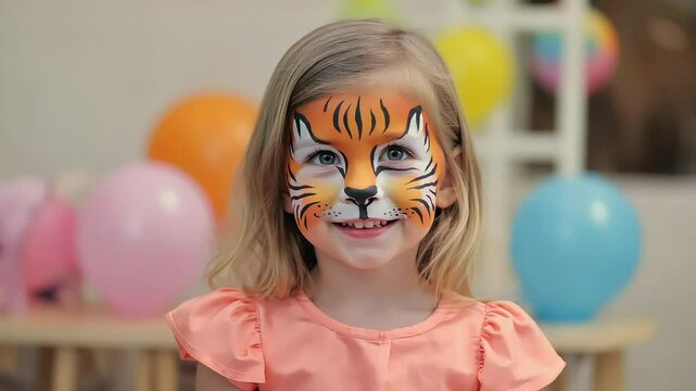 Young girl with face paint resembling a tiger. She has blonde hair and is wearing an orange shirt. Colorful balloons are in the background.