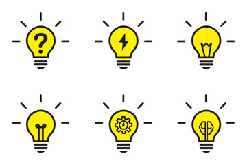 Illustration of a glowing yellow light bulb Symbol of creativity, inspiration. Light bulb icon. Idea symbol. Electric lamp. Electric power sign. Shining light bulb vector illustration.