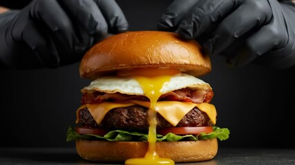 Close up sequence of delicious cheeseburger with runny egg yolk being assembled with gloved hands
