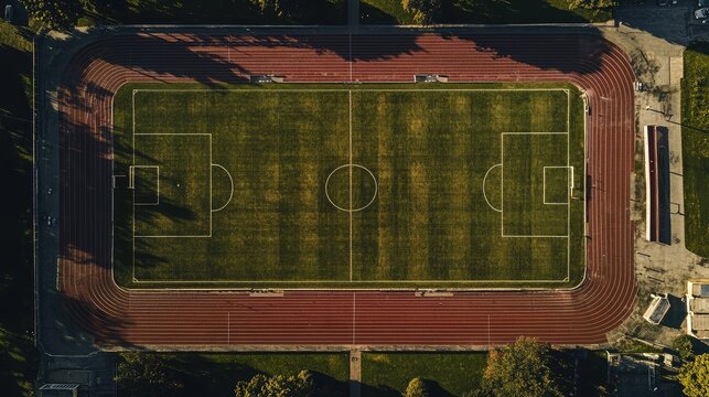 Drone shot of an open-air stadium with meticulously maintained field and empty seats