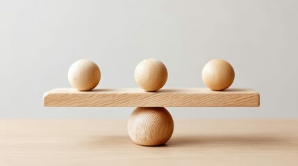 Three wooden spheres balance on a wooden plank, offering a minimalist composition on a neutral background.