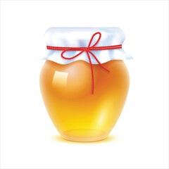 Realistic illustration of glass jar containing sweet honey isolated on white background