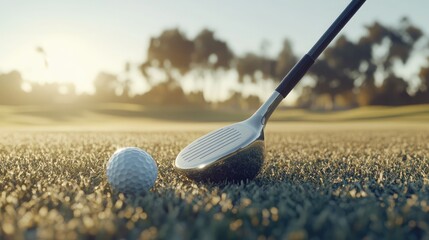 Iron golf club head beside a white golf ball on short-cut grass, bright morning light