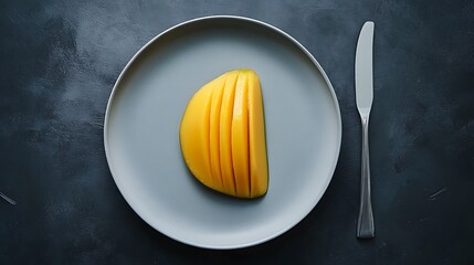 Sliced Mango on a Plate with Knife