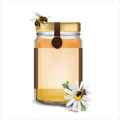 Realistic illustration of glass jar containing sweet honey isolated on white background