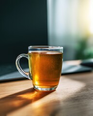 Longevity health anti-aging. Glass mug with golden beverage reflecting sunlight on wooden table, ideal for wellness and focus in biohacking lifestyle