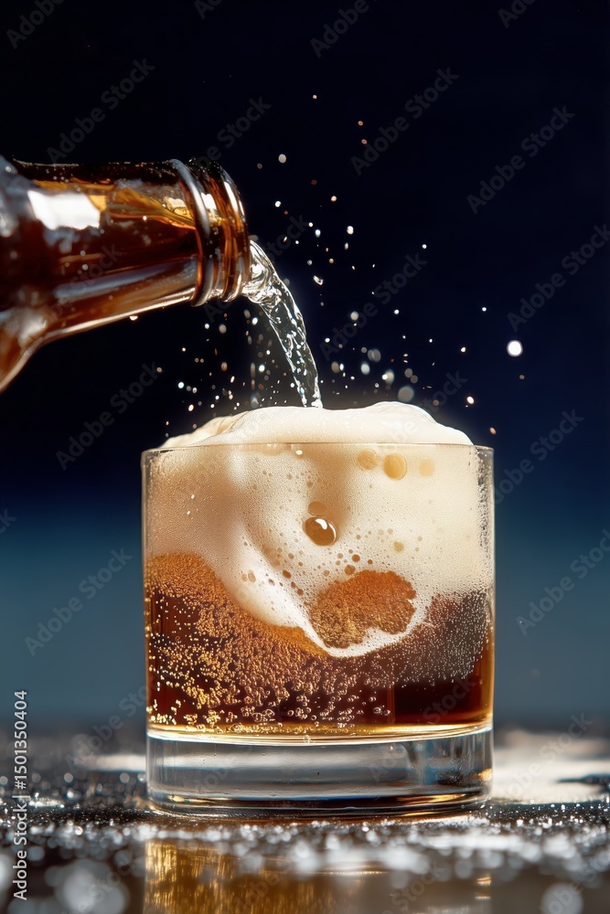 Poster pouring beer from a bottle into a glass, creating bubbles in a dark setting