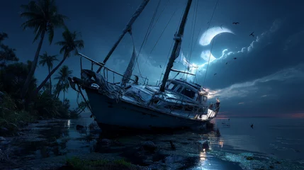 Wrecked ship on night tropical island. Vector cartoon illustration of old abandoned sailboat with damaged board, torn sails, cracked steering wheel, shipwreck scene under dark sky with moon and stars
