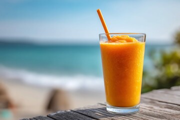 Obraz premium Refreshing orange smoothie sits on a wooden surface with a beautiful ocean view in the background. Perfect for summer and relaxation.