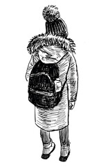 One schoolgirl with backpack standing outdoor, back view, realistic hand drawn vector illustration isolated on white