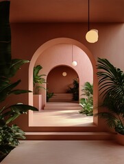 Fototapeta premium Elegant Hallway With Arches and Greenery in Warm Tones, Creating a Serene Atmosphere