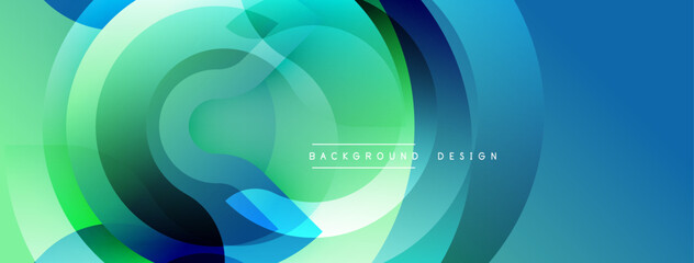Abstract circular layers create vibrant gradient background. Blue, green hues blend seamlessly, modern design element.