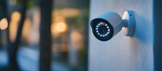 Close-up of a Security Camera Mounted on a Wall at Dusk