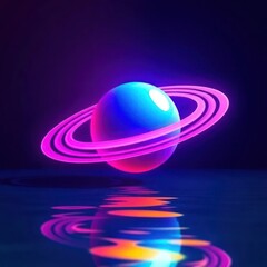 3D rendered planet with rings, vibrant neon colors, reflected on water