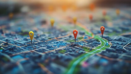 City Navigation: GPS Location Pins on a Detailed Urban Map