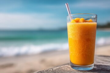 A refreshing orange smoothie sits on a beachside ledge, perfect for a sunny day. The ocean and blue sky create a beautiful backdrop.