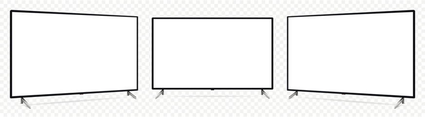 Realistic blank flat screen TV mockup from angled views on transparent background.
