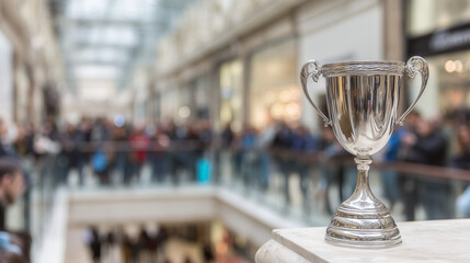 Shiny silver trophy on marble pedestal representing success, victory and accomplishment in sports, business or academic competition. Symbol of prestige, excellence and leadership.