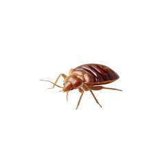A detailed close-up of a bed bug, showcasing its distinct shape and coloration against a white isolated background.